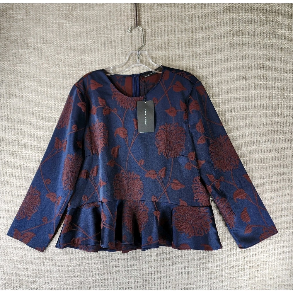 Zara Jacquard Peplum Blouse Womens XL Navy Deep Red Floral Dressy‎ NWI